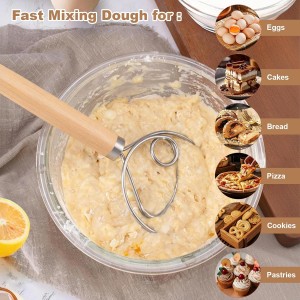 2 Pack 13-Inch Danish Dough Whisk with Dough Scraper, Premium Stainless Steel Bread Whisk Mixer with Ergonomic Wooden Grip, Ideal for Sourdough, Pizza Dough & Pastry Making