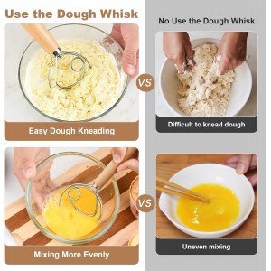 2 Pack 13-Inch Danish Dough Whisk with Dough Scraper, Premium Stainless Steel Bread Whisk Mixer with Ergonomic Wooden Grip, Ideal for Sourdough, Pizza Dough & Pastry Making