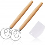 2 Pack 13-Inch Danish Dough Whisk with Dough Scraper, Premium Stainless Steel Bread Whisk Mixer with Ergonomic Wooden Grip, Ideal for Sourdough, Pizza Dough & Pastry Making