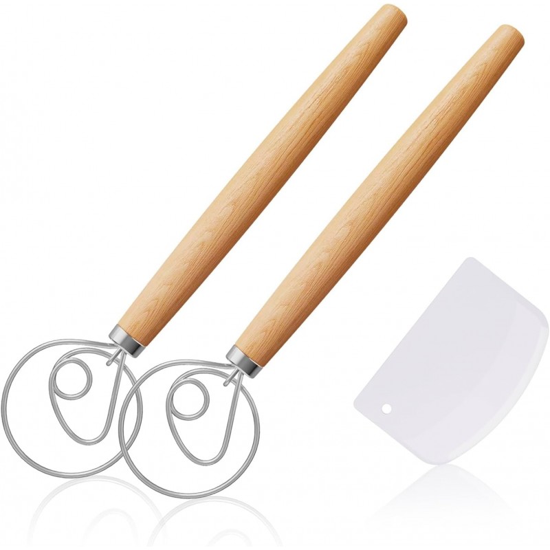 2 Pack 13-Inch Danish Dough Whisk with Dough Scraper, Premium Stainless Steel Bread Whisk Mixer with Ergonomic Wooden Grip, Ideal for Sourdough, Pizza Dough & Pastry Making
