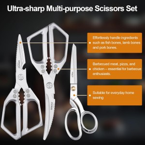 3PCS Heavy Duty Kitchen Scissors Set All Purpose - Stainless Steel Scissors Meat Scissors Dishwasher Safe Japanese Cooking Scissor for Food Paired with household tailor shears Gifts for Men Women