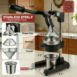 Cast Iron Juicer Hand Press - 13.8LB Heavy Duty Manual Citrus Orange Squeezer, 304 Stainless Steel Cup & Strainer, Professional Lemon Grapefruit Pomegranate Press for Home Bar Kitchen, Black