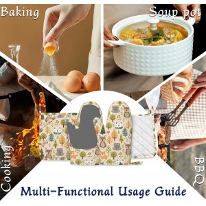 Cute Animals Oven Mitts and Pot Holders Fall Trees Leaves Silicone Kitchen Accessories Set of 4 Heat Resistant Non-Slip Long Gloves Potholder for Chef Cooking Baking Gifts Women Men