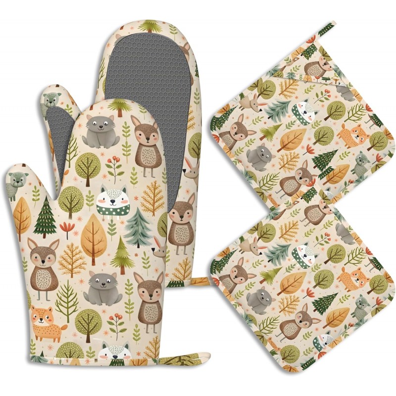 Cute Animals Oven Mitts and Pot Holders Fall Trees Leaves Silicone Kitchen Accessories Set of 4 Heat Resistant Non-Slip Long Gloves Potholder for Chef Cooking Baking Gifts Women Men