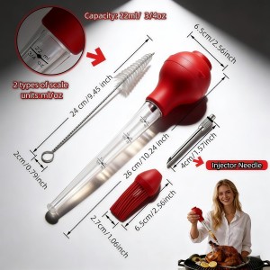 Turkey Baster with Cleaning Brush, Meat Injector Syringe with Detachable Silicone Bulb, 304 Stainless Steel Needle and Basting Brush for Roasting Chicken, 22ml Capacity (Red)
