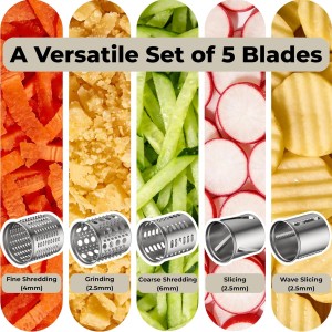 5-in-1 Stainless Steel Slicer Shredder Attachment Compatible with KitchenAid Stand Mixers, Cheese Grater Attachment, Vegetable Shredder, Salad Maker with 5 Cutting Blades, Dishwasher Safe