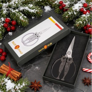 Owl Kitchen Scissors All Purpose, Stainless Steel Heavy Duty Sharp Shears for Meat, Chicken, Fish, Poultry, Herb, Bread (Golden, Medium)