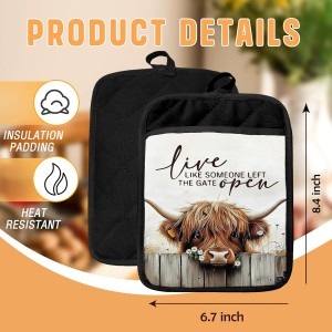 Farmhouse Highland Cow Pot Holders with Pockets, Live Like Someone Left The Gate Open Oven Pot Holders Heat Resistant Oven Mitts Hot Pads for Kitchen Baking Cooking