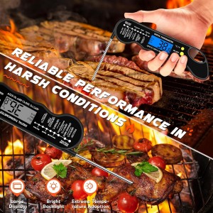 Instant Read Meat Thermometer, Fast and Accurate Digital Food Thermometer with Magnet, Backlight, Waterproof for Cooking, BBQ, Grilling, Baking, Smoker, Candy Making (Black)