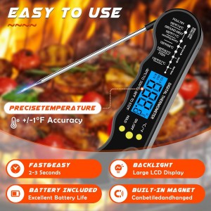 Instant Read Meat Thermometer, Fast and Accurate Digital Food Thermometer with Magnet, Backlight, Waterproof for Cooking, BBQ, Grilling, Baking, Smoker, Candy Making (Black)