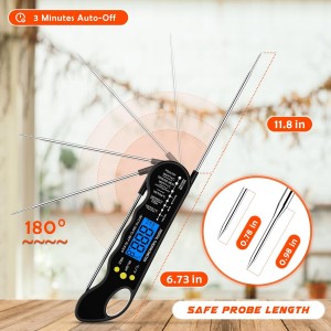 Instant Read Meat Thermometer, Fast and Accurate Digital Food Thermometer with Magnet, Backlight, Waterproof for Cooking, BBQ, Grilling, Baking, Smoker, Candy Making (Black)