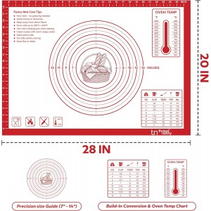 Silicone Pastry Mat Non Stick Extra Large 28x20 - Rolling Mat for Dough with Measurements - Pie Crust Bread Pizza Cookie Baking Mat - Dishwasher Safe (Red)