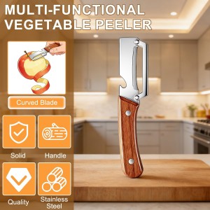Multi-Functional Vegetable Peeler for Kitchen,Stainless Steel Sharp Blade Peeler with Wooden Handle,Bottle Opener Kitchen Tool for Fruit Veggie Carrot Potato Pumpkin Papaya Zucchini