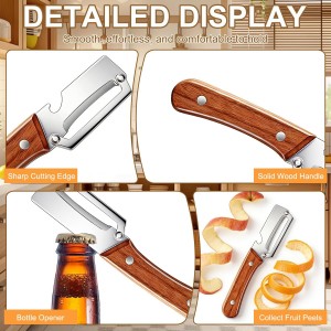 Multi-Functional Vegetable Peeler for Kitchen,Stainless Steel Sharp Blade Peeler with Wooden Handle,Bottle Opener Kitchen Tool for Fruit Veggie Carrot Potato Pumpkin Papaya Zucchini