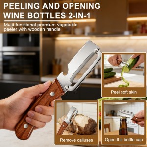 Multi-Functional Vegetable Peeler for Kitchen,Stainless Steel Sharp Blade Peeler with Wooden Handle,Bottle Opener Kitchen Tool for Fruit Veggie Carrot Potato Pumpkin Papaya Zucchini