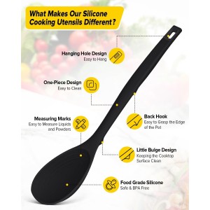Silicone Cooking Utensils Set, 9 Pcs Heat Resistant Kitchen Utensils with Back Hooks, BPA Free Kitchen Tools with Spatulas, Spoons, Skimmer and Pasta Fork for Non Stick Cookware (BLACK)