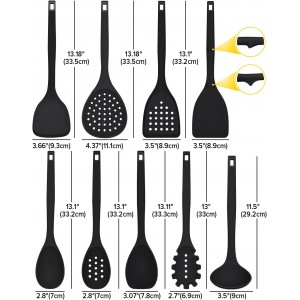 Silicone Cooking Utensils Set, 9 Pcs Heat Resistant Kitchen Utensils with Back Hooks, BPA Free Kitchen Tools with Spatulas, Spoons, Skimmer and Pasta Fork for Non Stick Cookware (BLACK)