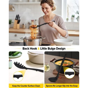 Silicone Cooking Utensils Set, 9 Pcs Heat Resistant Kitchen Utensils with Back Hooks, BPA Free Kitchen Tools with Spatulas, Spoons, Skimmer and Pasta Fork for Non Stick Cookware (BLACK)