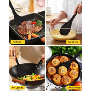 Silicone Cooking Utensils Set, 9 Pcs Heat Resistant Kitchen Utensils with Back Hooks, BPA Free Kitchen Tools with Spatulas, Spoons, Skimmer and Pasta Fork for Non Stick Cookware (BLACK)