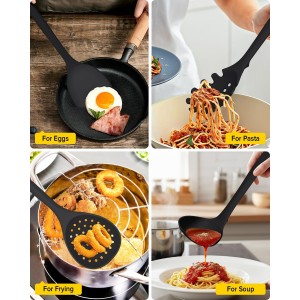 Silicone Cooking Utensils Set, 9 Pcs Heat Resistant Kitchen Utensils with Back Hooks, BPA Free Kitchen Tools with Spatulas, Spoons, Skimmer and Pasta Fork for Non Stick Cookware (BLACK)