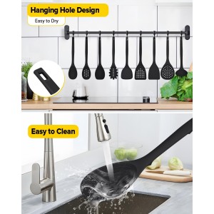 Silicone Cooking Utensils Set, 9 Pcs Heat Resistant Kitchen Utensils with Back Hooks, BPA Free Kitchen Tools with Spatulas, Spoons, Skimmer and Pasta Fork for Non Stick Cookware (BLACK)