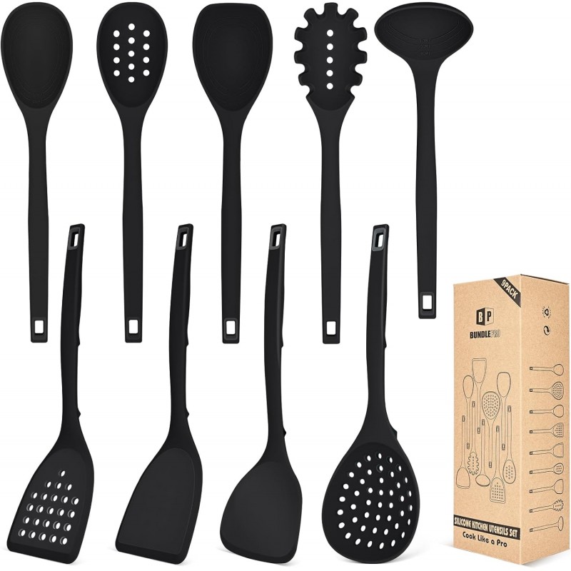 Silicone Cooking Utensils Set, 9 Pcs Heat Resistant Kitchen Utensils with Back Hooks, BPA Free Kitchen Tools with Spatulas, Spoons, Skimmer and Pasta Fork for Non Stick Cookware (BLACK)