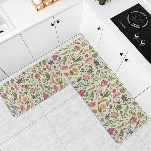 Spring Floral Kitchen Mats for Floor Set of 2 Pink Green Flower Ferns Leaves Botanical Summer Vintage Kitchen Rugs Non Slip Washable Absorbent Seasonal Kitchen Runner Rugs Decor,17x30 and 17x47 Inch