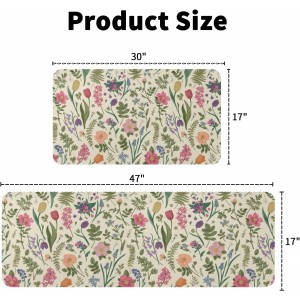 Spring Floral Kitchen Mats for Floor Set of 2 Pink Green Flower Ferns Leaves Botanical Summer Vintage Kitchen Rugs Non Slip Washable Absorbent Seasonal Kitchen Runner Rugs Decor,17x30 and 17x47 Inch