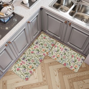 Spring Floral Kitchen Mats for Floor Set of 2 Pink Green Flower Ferns Leaves Botanical Summer Vintage Kitchen Rugs Non Slip Washable Absorbent Seasonal Kitchen Runner Rugs Decor,17x30 and 17x47 Inch