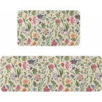 Spring Floral Kitchen Mats for Floor Set of 2 Pink Green Flower Ferns Leaves Botanical Summer Vintage Kitchen Rugs Non Slip Washable Absorbent Seasonal Kitchen Runner Rugs Decor,17x30 and 17x47 Inch
