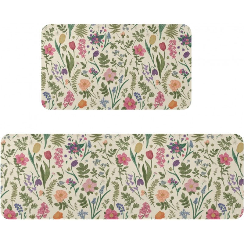 Spring Floral Kitchen Mats for Floor Set of 2 Pink Green Flower Ferns Leaves Botanical Summer Vintage Kitchen Rugs Non Slip Washable Absorbent Seasonal Kitchen Runner Rugs Decor,17x30 and 17x47 Inch