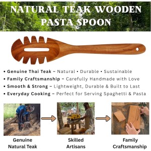 Teak Wood Pasta Spoon with Teeth, 12.5-Inch Spaghetti Server, Wooden Pasta Fork Ladle for Serving, Scooping & Draining Noodles