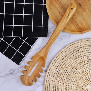 Teak Wood Pasta Spoon with Teeth, 12.5-Inch Spaghetti Server, Wooden Pasta Fork Ladle for Serving, Scooping & Draining Noodles