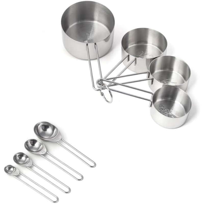 Stainless Steel Measuring Cups and Spoons Set, 8 Piece, Engraved Measurements, Durable Nesting Kitchen Set (Silver)