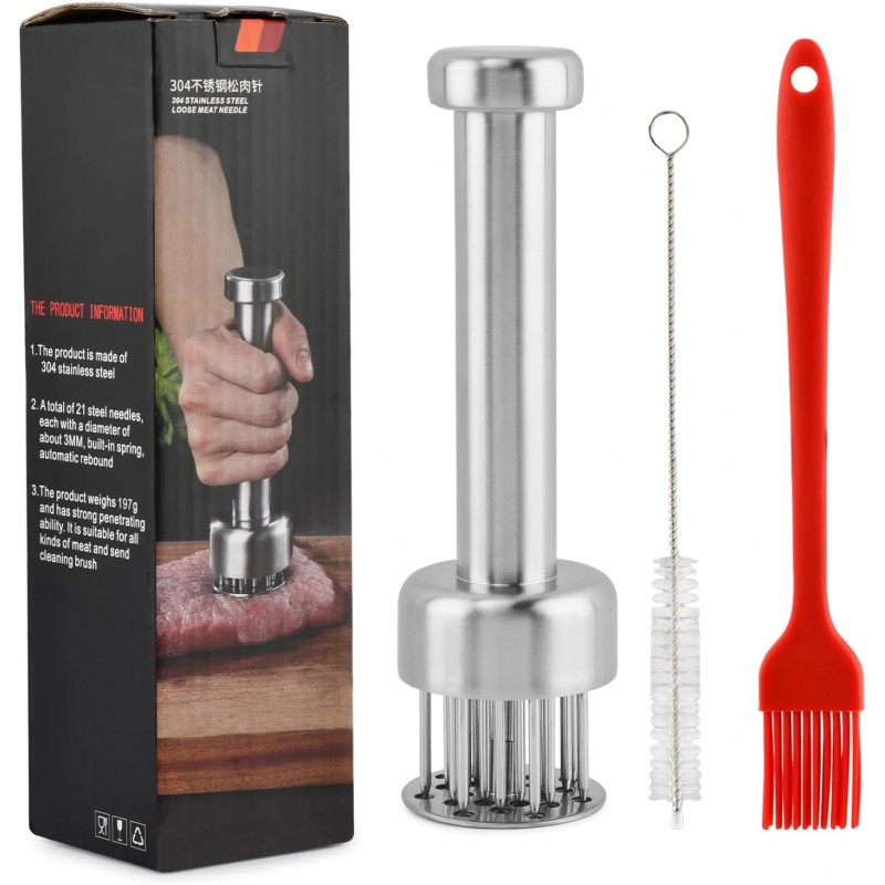 Meat Tenderizer Tool with 21 Sharp Needles, Retractable Safety Guard Tenderizer Mallet for Chicken, Beef, Pork, Marinating, Small Meat Grinder