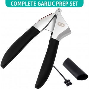 Garlic Press Set – Heavy Duty Rust-Resistant Garlic Crusher & Mincer with Ergonomic Handles, Easy Squeeze Manual Garlic Press, Cleaning Brush & Silicone Peeler, Large Chamber Kitchen Tool