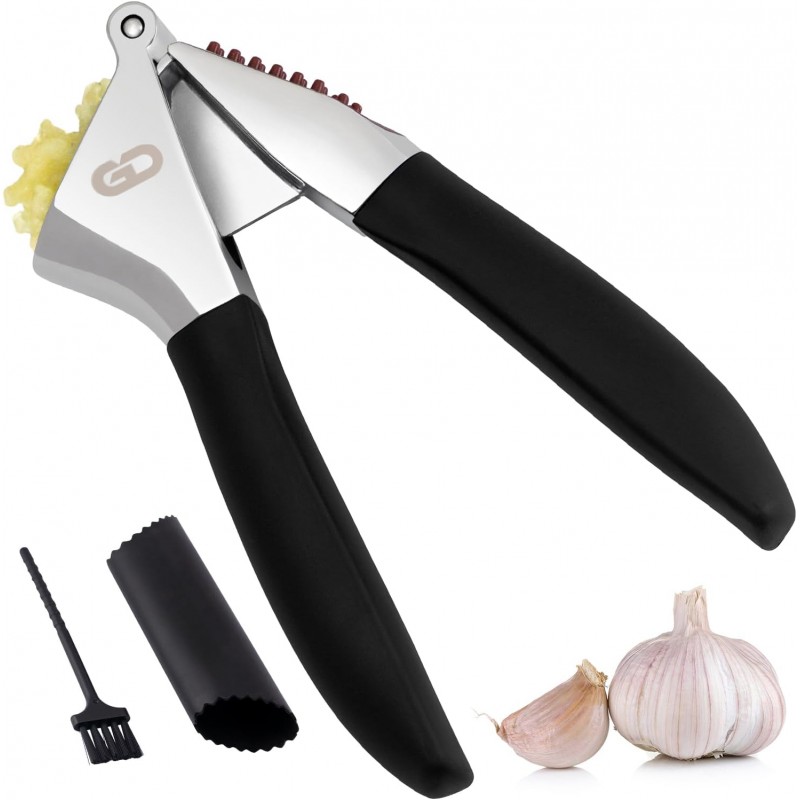 Garlic Press Set – Heavy Duty Rust-Resistant Garlic Crusher & Mincer with Ergonomic Handles, Easy Squeeze Manual Garlic Press, Cleaning Brush & Silicone Peeler, Large Chamber Kitchen Tool