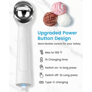 Heated Ice Cream Scoop Rechargeable, Electric Scooper for Hard Icecream, Warming Spoon with LED Display, Fast Charge, Easy To Clean - White