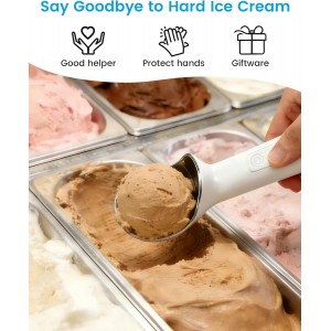 Heated Ice Cream Scoop Rechargeable, Electric Scooper for Hard Icecream, Warming Spoon with LED Display, Fast Charge, Easy To Clean - White
