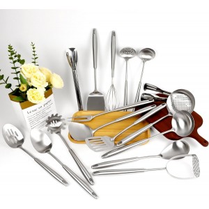 304 Stainless Steel Cooking Utensils Set, 16PCS Stainless Steel Kitchen Utensils Set, Metal Kitchen Utensils Set Include Meat Fork, Tongs, Turner, Soup Ladle, Dishwasher Safe