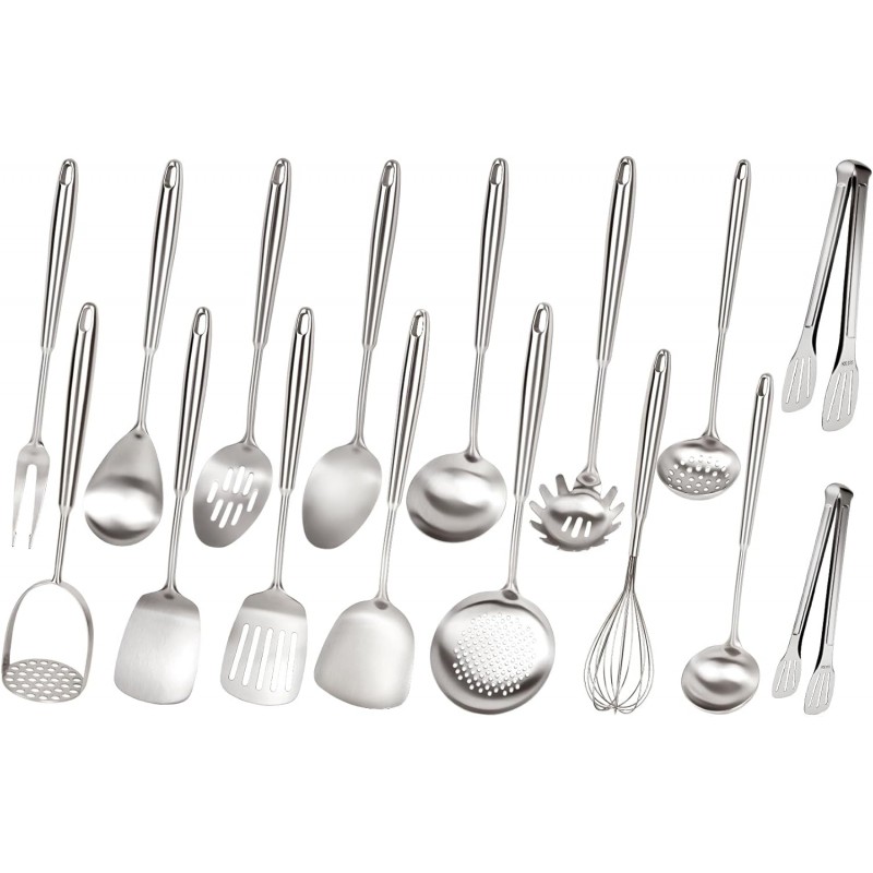 304 Stainless Steel Cooking Utensils Set, 16PCS Stainless Steel Kitchen Utensils Set, Metal Kitchen Utensils Set Include Meat Fork, Tongs, Turner, Soup Ladle, Dishwasher Safe