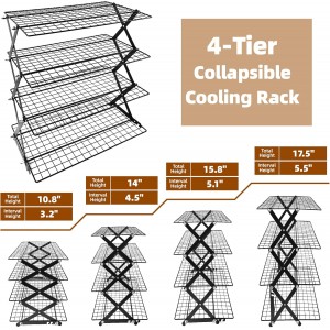 4 Tier Collapsible Cooling Rack with Adjustable 6 Setting Design stackable wire rack for baking sheet for Cookies Baking Gifts for Women (Black, 4-Tier)