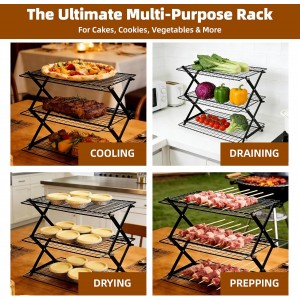 4 Tier Collapsible Cooling Rack with Adjustable 6 Setting Design stackable wire rack for baking sheet for Cookies Baking Gifts for Women (Black, 4-Tier)