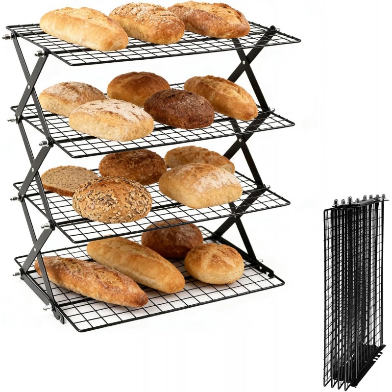 4 Tier Collapsible Cooling Rack with Adjustable 6 Setting Design stackable wire rack for baking sheet for Cookies Baking Gifts for Women (Black, 4-Tier)