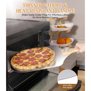 Pizza Peel 12-Inch Aluminum Pizza Paddle & Spatula with Pizza Cutter Rocker, Foldable Wood Handle – Pizza Server for Baking Homemade Bread, Pastry & Dough, for Family Pizza Oven