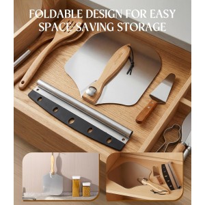 Pizza Peel 12-Inch Aluminum Pizza Paddle & Spatula with Pizza Cutter Rocker, Foldable Wood Handle – Pizza Server for Baking Homemade Bread, Pastry & Dough, for Family Pizza Oven