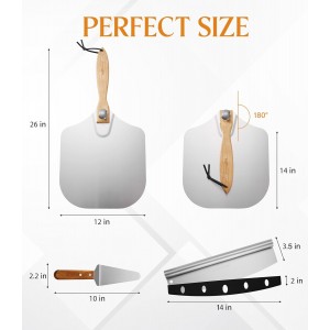 Pizza Peel 12-Inch Aluminum Pizza Paddle & Spatula with Pizza Cutter Rocker, Foldable Wood Handle – Pizza Server for Baking Homemade Bread, Pastry & Dough, for Family Pizza Oven