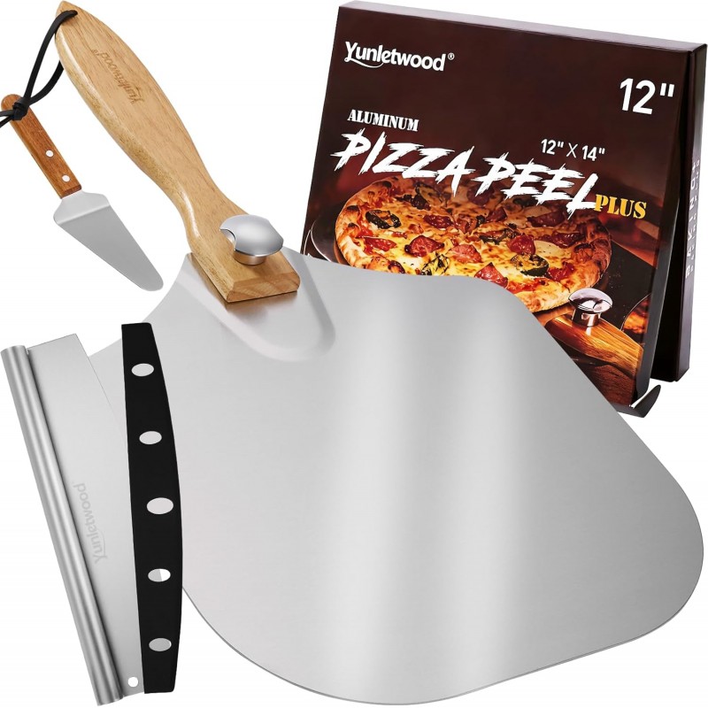 Pizza Peel 12-Inch Aluminum Pizza Paddle & Spatula with Pizza Cutter Rocker, Foldable Wood Handle – Pizza Server for Baking Homemade Bread, Pastry & Dough, for Family Pizza Oven