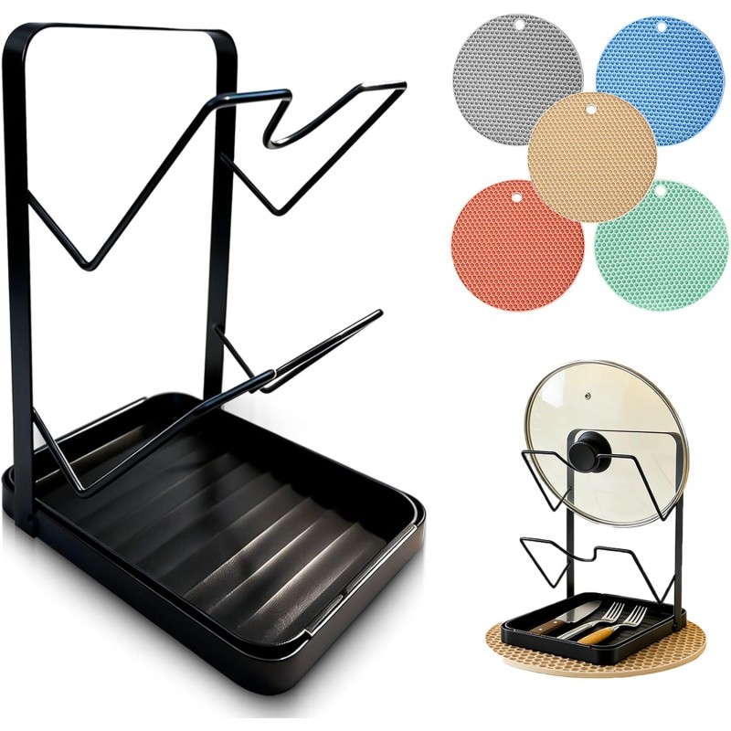 Kitchen Pot Lid Storage Rack, Versatile Pot Lid Holder, Pots Lids Organizer Rack With Removable Drip Tray, Stainless Steel Spoon Rest, Space-Saving Lid Rack, Suitable For Kitchen Utensil Storage