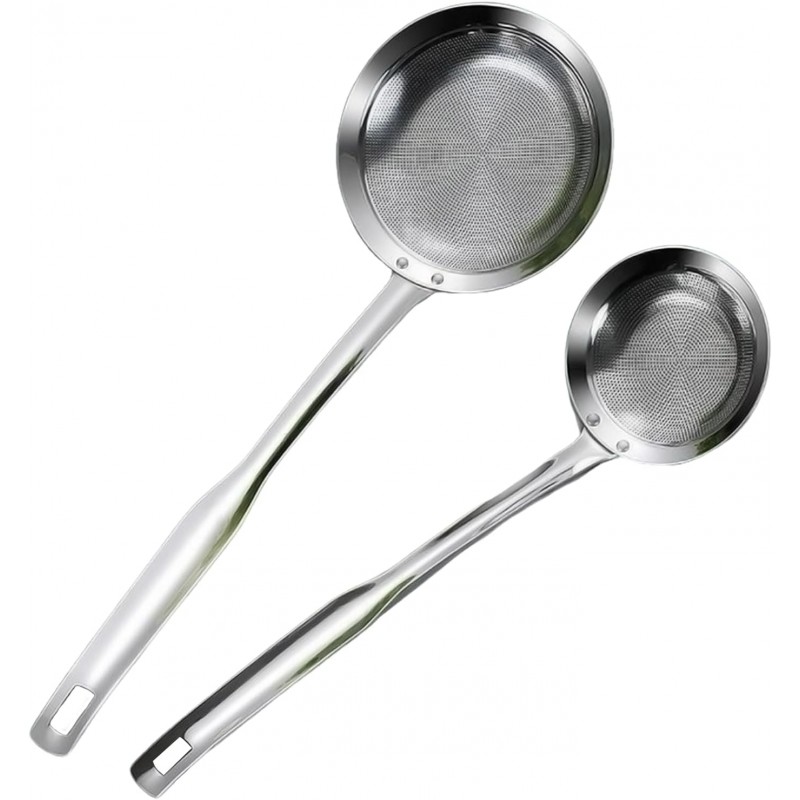 2 Pack Fine Mesh Stainless Steel Colander, Skimmer Spoon, Fine Mesh Stainless Steel Sieve Colander for Skimming Grease and Foam Food Strainer Kitchen Gadget (Large+Small)